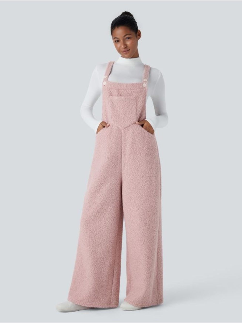 Halara Cozy Pink Teddy Fleece Wide-Leg Overalls